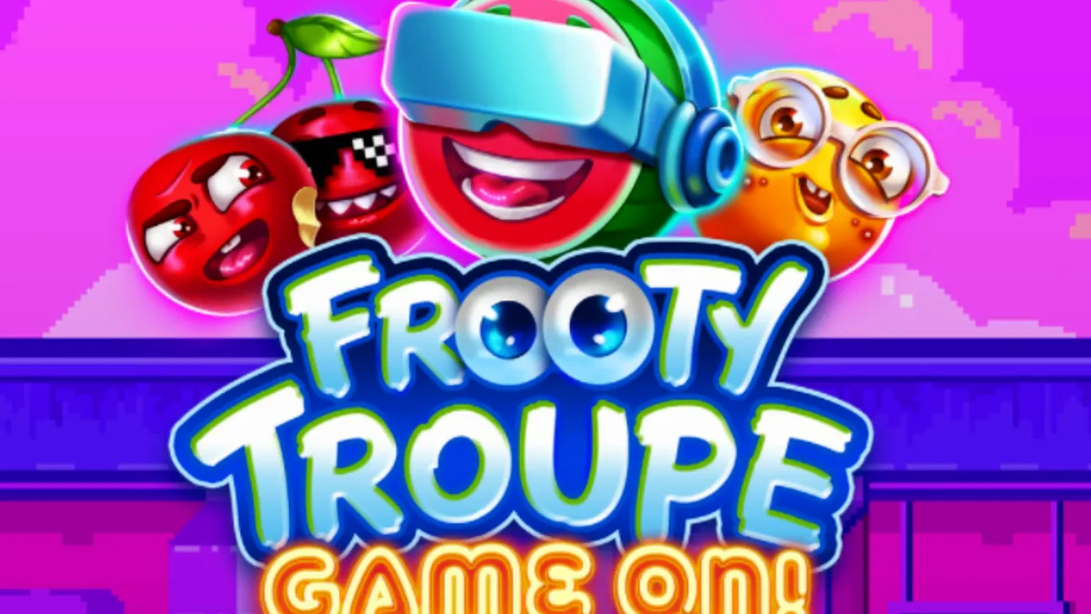 Tampilan visual retro dari slot Frooty Troupe – Game On! dengan simbol buah pixel art.