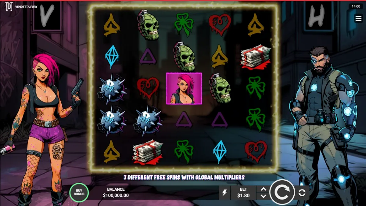 Tampilan visual futuristik dan neon dari slot Vendetta Fury