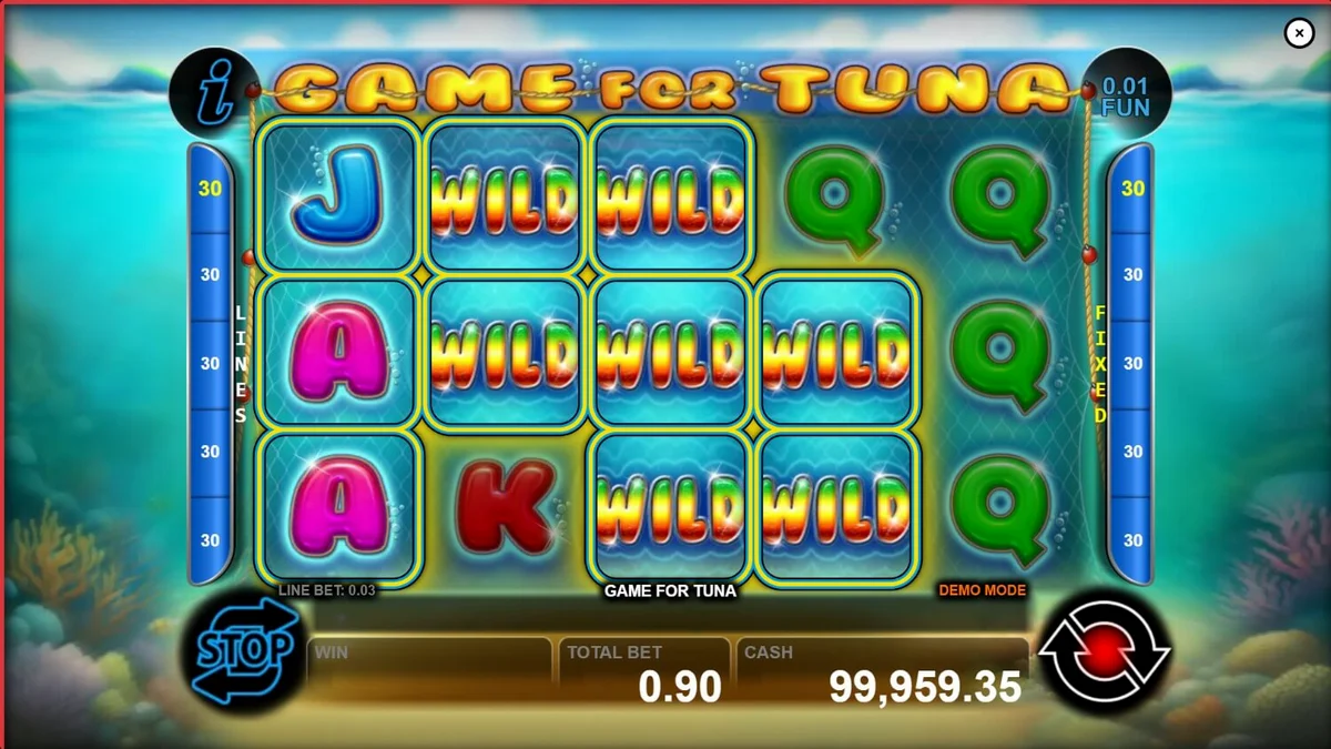 Pemandangan bawah laut yang indah dalam slot Game For Tuna dengan simbol ikan tuna dan peralatan nelayan.
