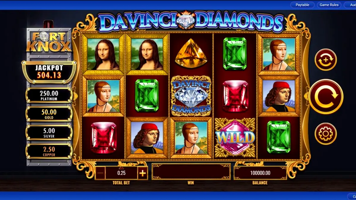 Tampilan visual slot Fort Knox Da Vinci Diamonds dengan tema Renaissance dan brankas mewah